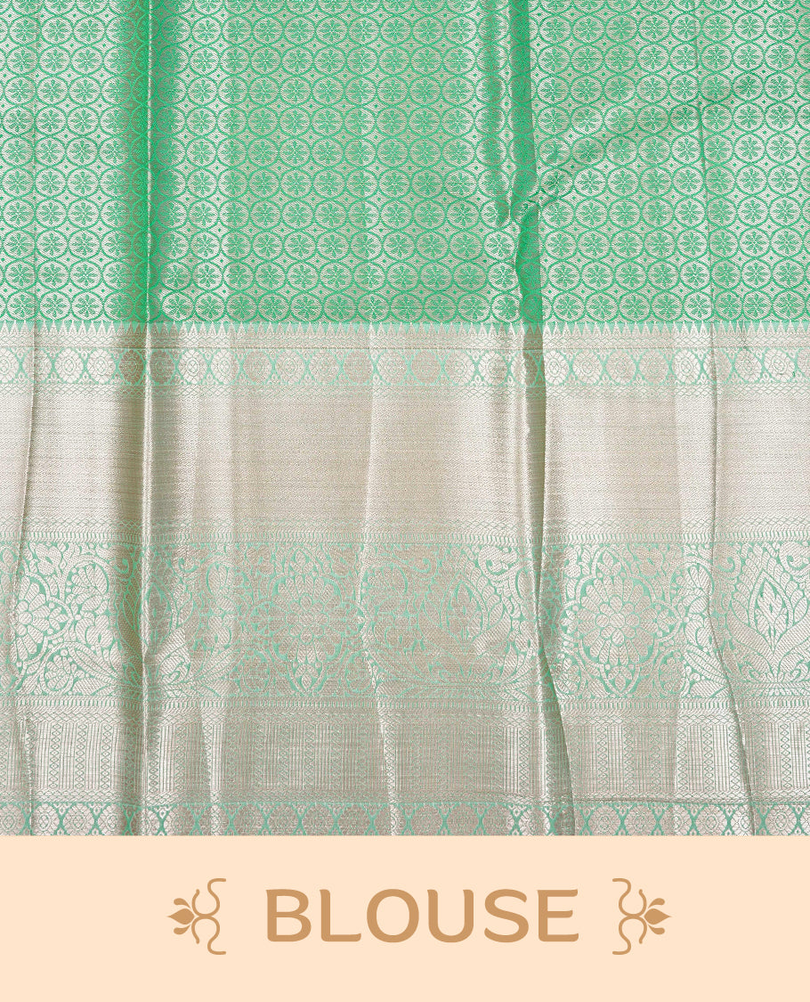 Mint & Gold Double shade Semi Tissue Silk saree featuring Light gold Kodi pattern on body, complemented by Self colour with gold zari border, paired with matching blouse piece.