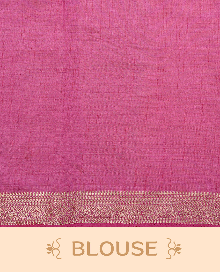 Cream colour Semi Tussar silk saree featuring an elegant plain body, accentuated by a contrast Magenta border adorned with intricate gold zari work, paired with a matching blouse piece.