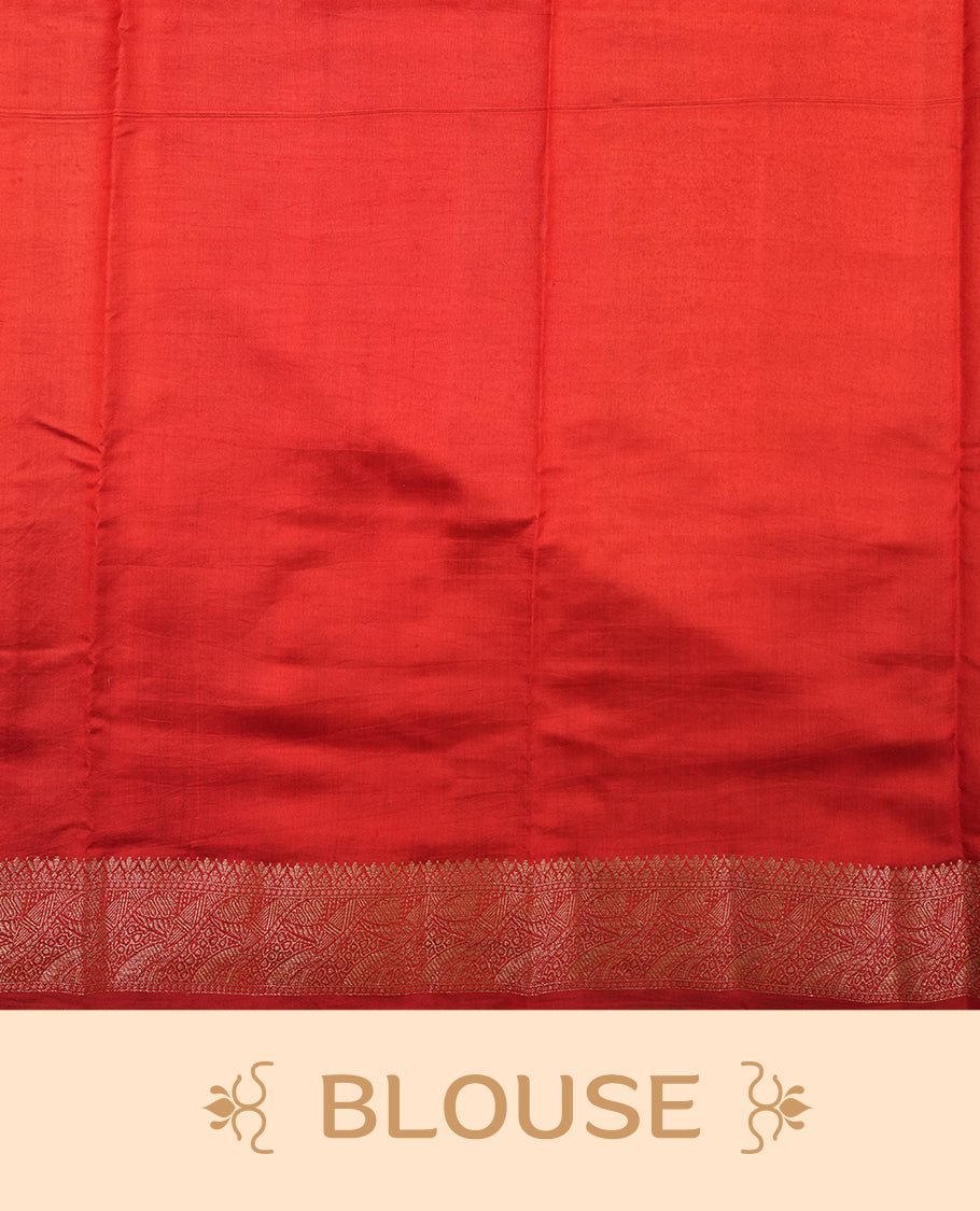 Mustard Colour Pure Banaras soft Silk Saree having gold floral motifs on Body with contrast Dark red colour gold Zari pattern on Border and matching Blouse