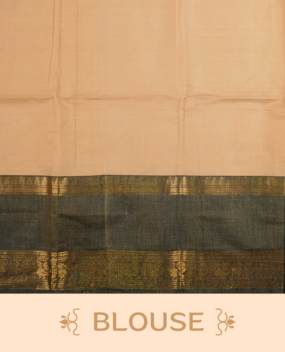 Cream colour chettinad cotton saree featuring Gold zari motifs on body, complemented by Grey with gold zari border, paired with matching blouse piece.