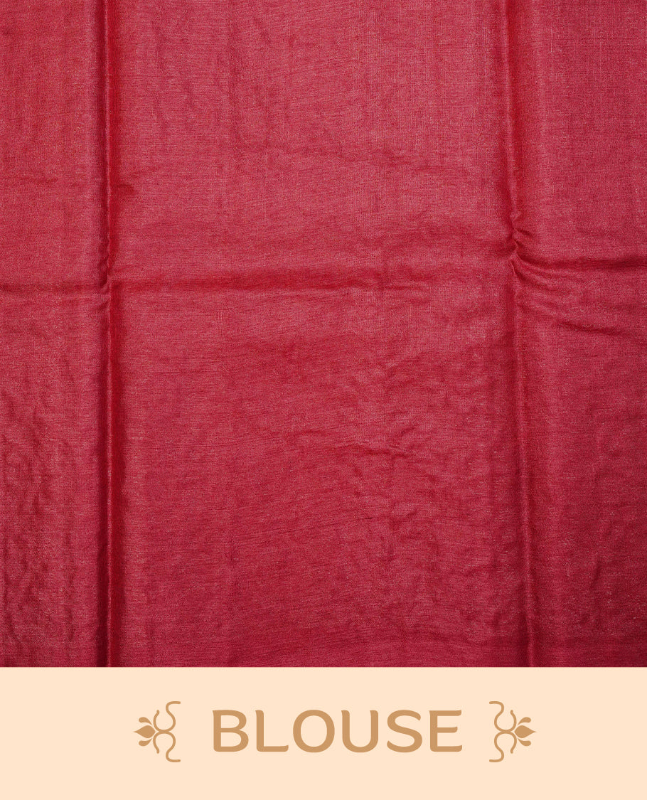 Red  colour pure tussar silk saree featuring light gold zari floral kodi work on the body, a plain border & grand pallu, Paired With  a matching blouse piece.