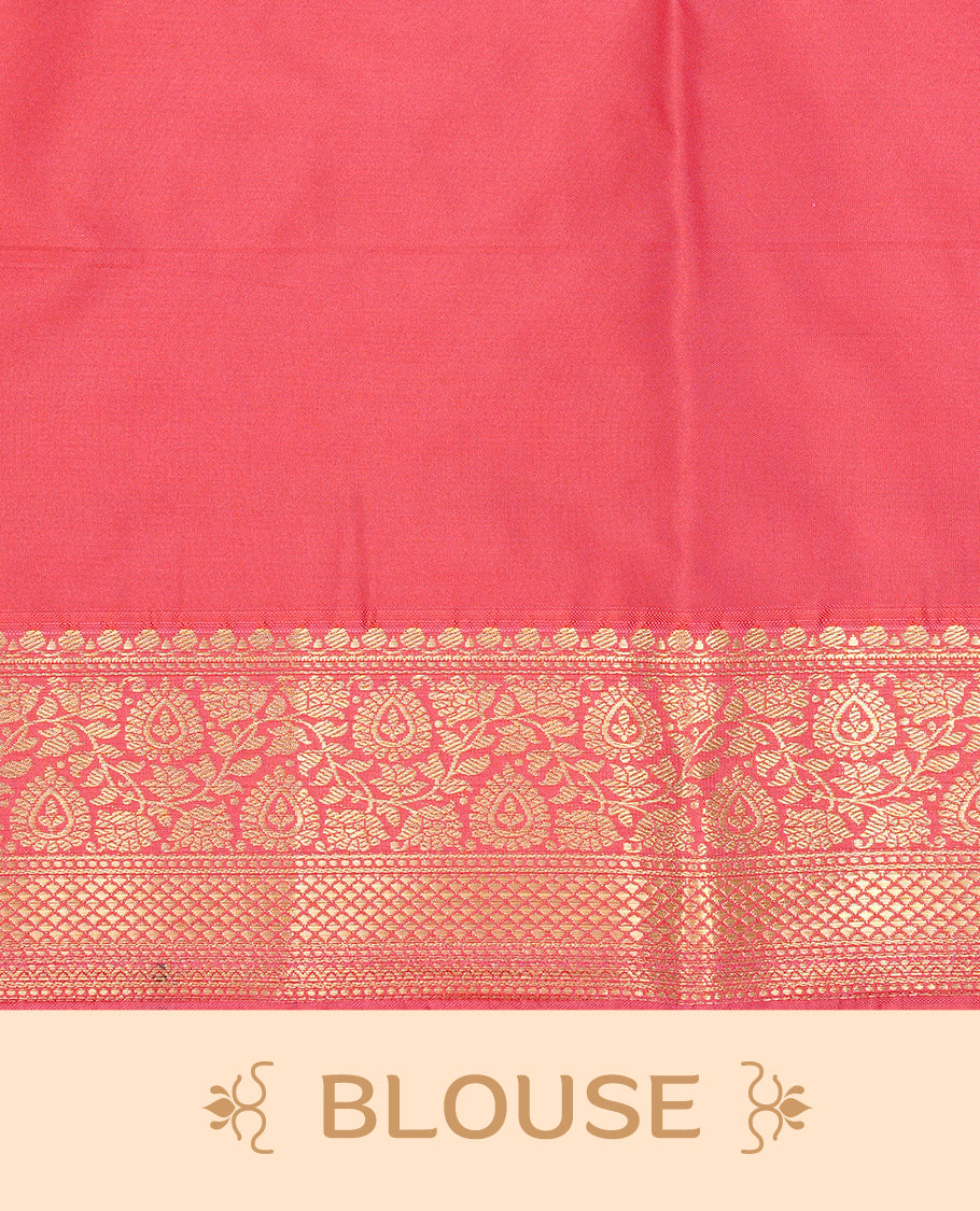 Olive colour semi Wedding silk saree featuring Gold zari motifs on body, enhanced with Contrast red colour with traditional border, paired with matching blouse piece.