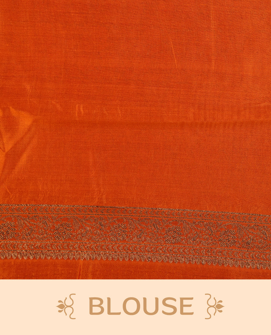 Orange colour Pure tussar Banarasi saree featuring Gold zari motifs on body, self colour gold zari border border, and a matching blouse piece.
