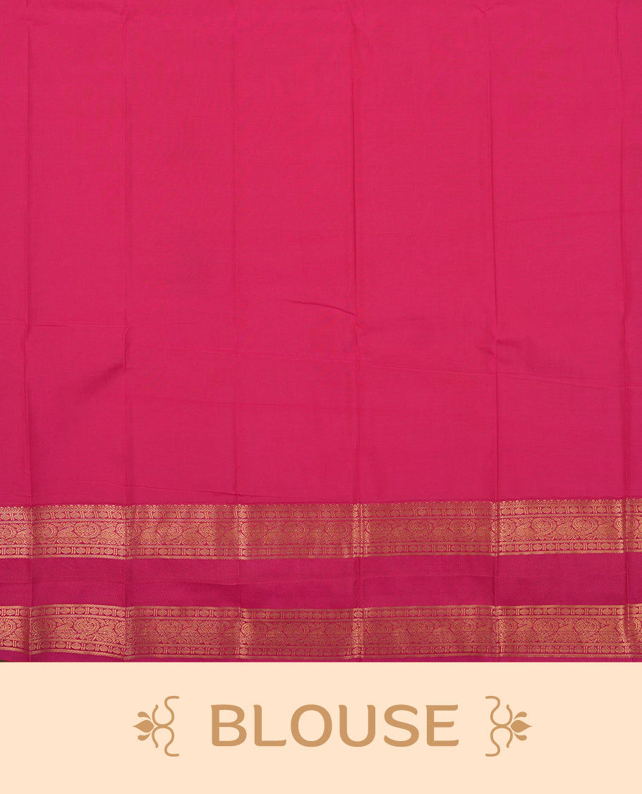 Green colour Semi Silk Saree with Plain Textured Body, Contrasting Magenta Pink Golden Zari Pallu & Border, Traditional Diamond Motifs, and Matching Blouse Piece