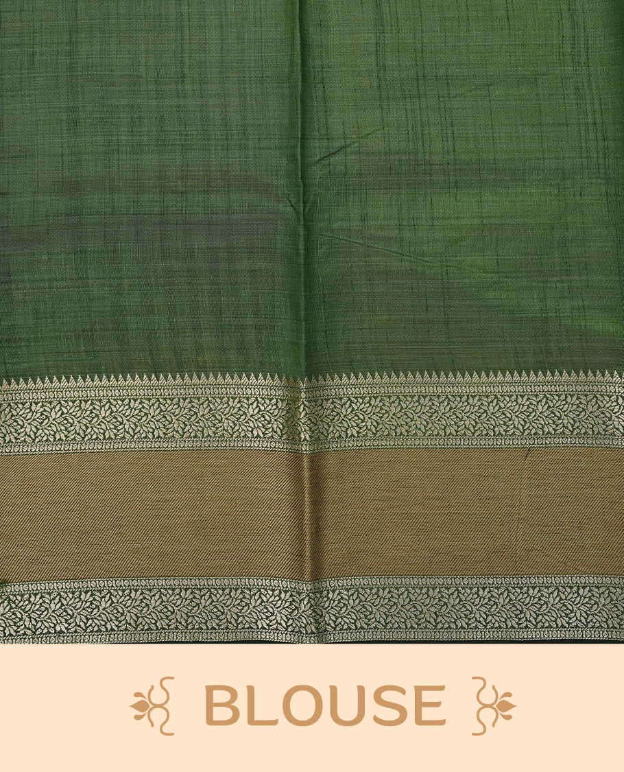 Mustard colour Tussar saree featuring Elegant plain body, complemented by Contrast Green colour with traditional border, comes with matching blouse piece.