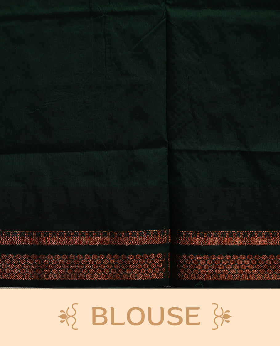 Maroon colour kalyani cotton saree featuring Antique zari motifs on body, contrast green colour border with geometric antique zari pattern, paired with matching blouse piece.