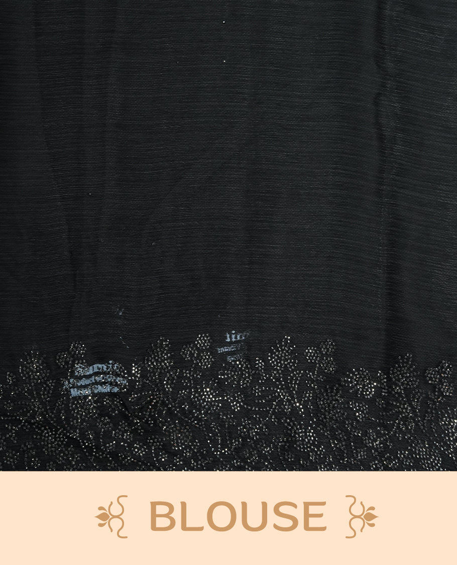 Black Colour Chiffon Designer Saree featuring Delicate White Stone Work All Over the Body, with Stone Detailing on the Border and Pallu, paired with a Matching Blouse.