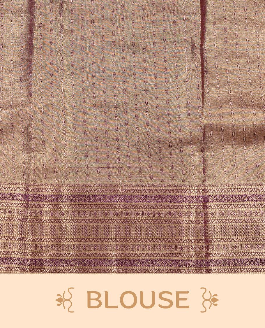 Purple & Gold Colour Tissue silk saree featuirng gold zari kodi pattern on body, enhanced with traditional border on self colour, paired with matching blouse piece.