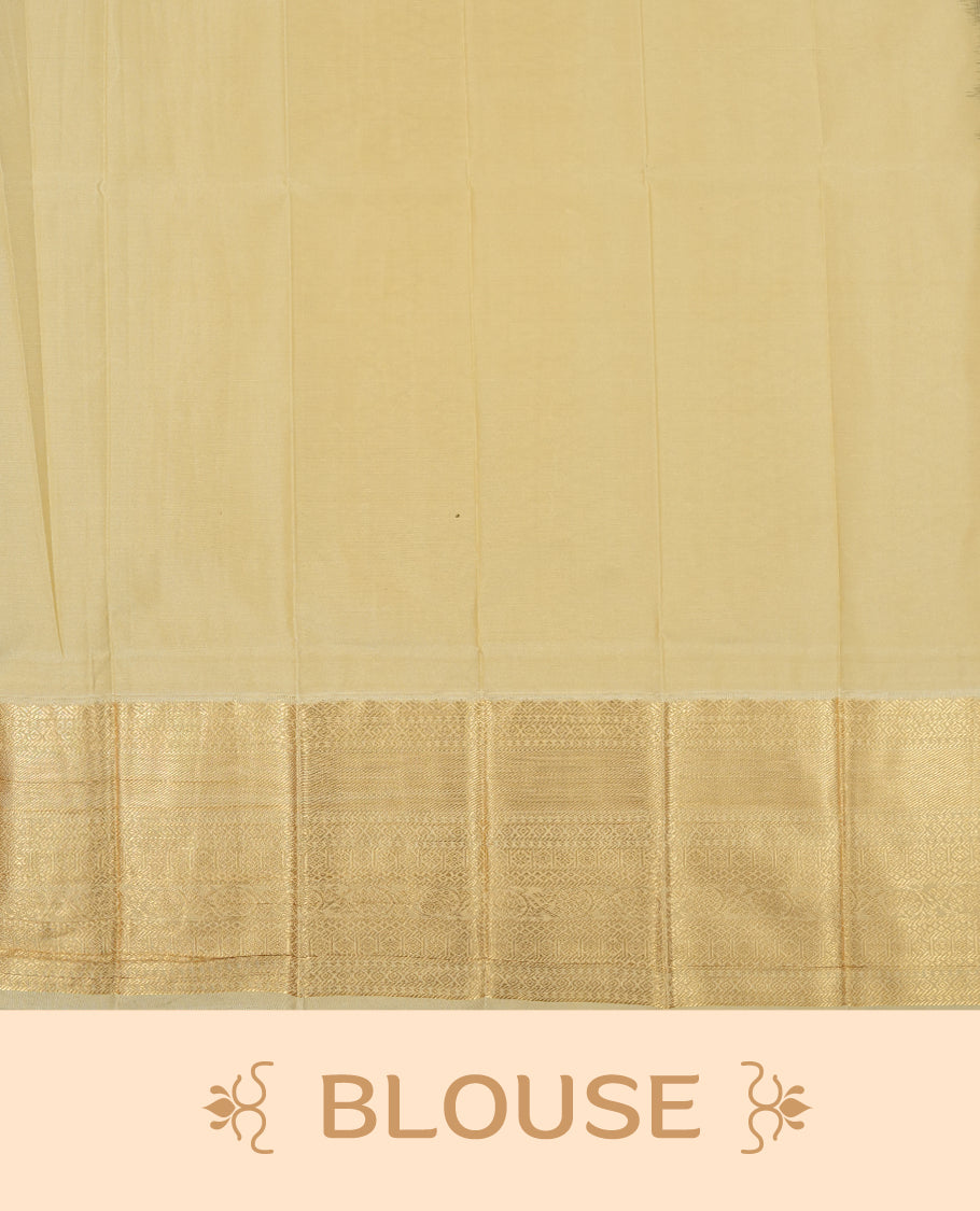 Dark brown colour Semi Silk Saree with gold zari patterns on the body, paired with a contrasting cream colour traditional pallu and border, and a matching blouse piece.