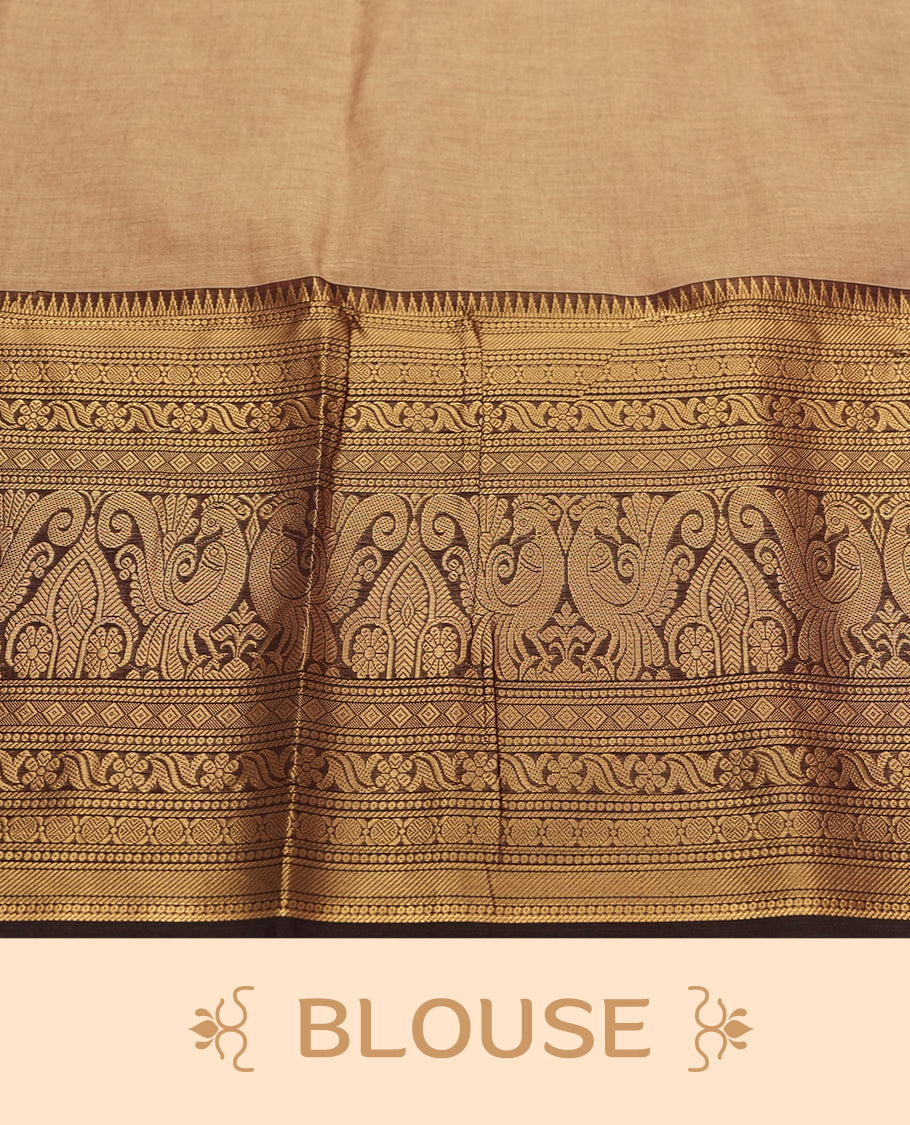 Beige Silk Cotton Saree with Red and Brown Dotted Body, Accented by Gold Zari Ornamental Border on Gold Pallu, Paired with Matching Blouse Piece