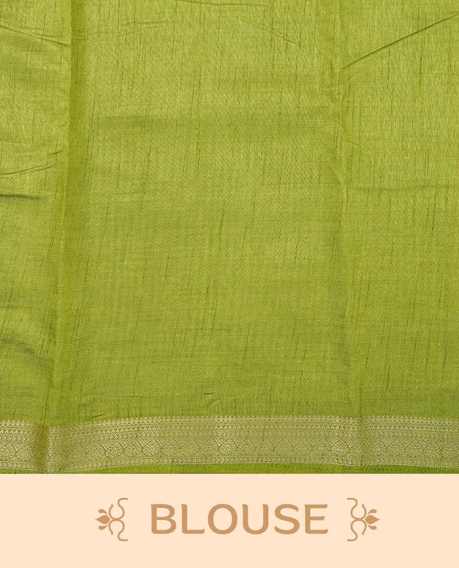 Cream colour Semi Tussar silk saree featuring an elegant plain body, accentuated by a contrast green border adorned with intricate gold zari work, paired with a matching blouse piece.