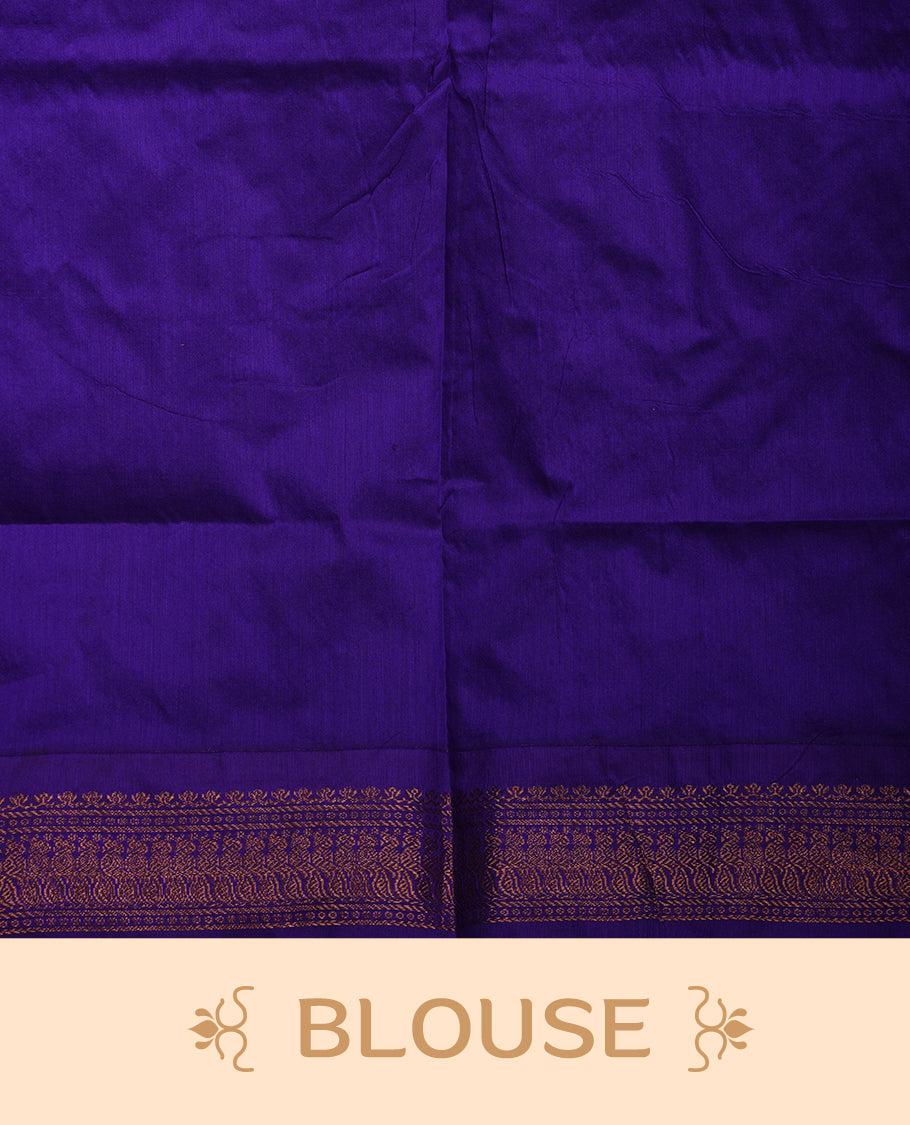 Antique gold colour Kalyani cotton saree featuring a plain elegant body, complemented by a rich Purple zari border and traditional woven pallu, paired with a matching blouse.