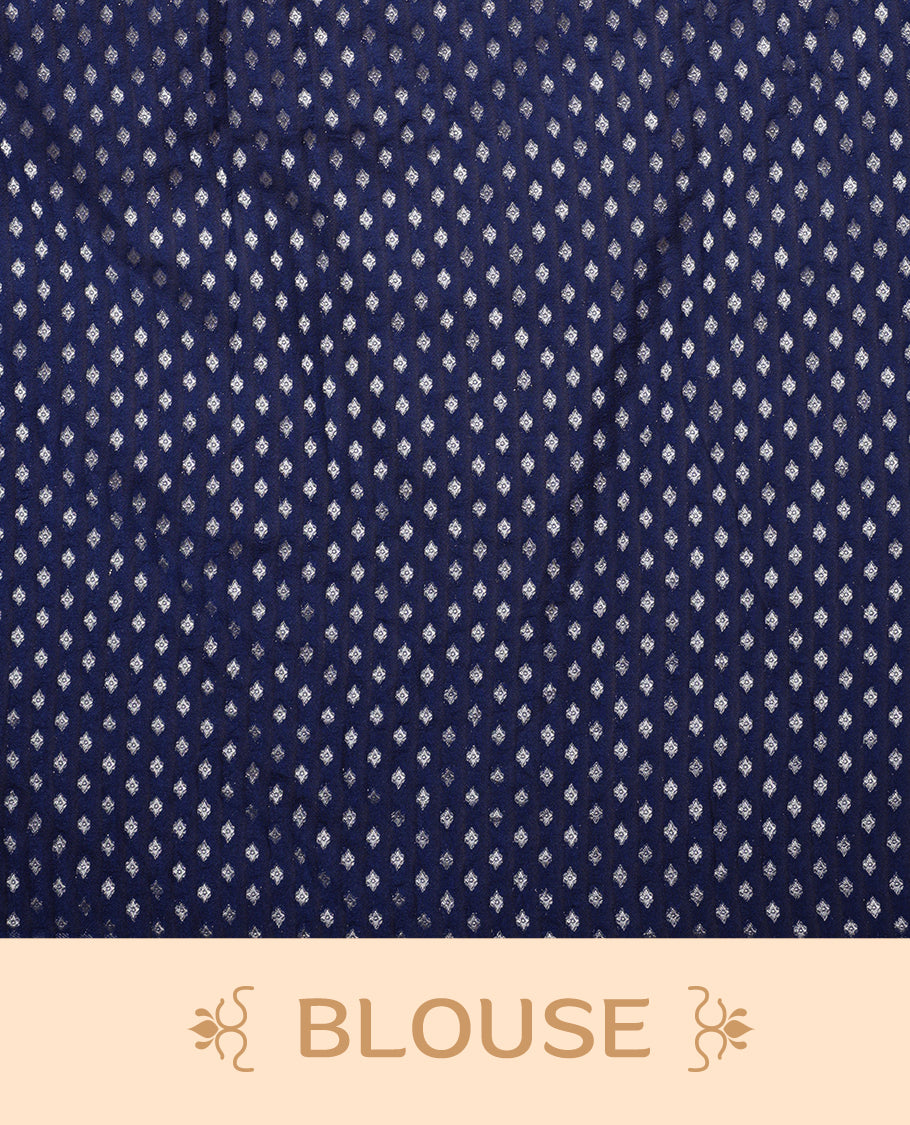 Navy blue colour Banarasi silk saree featuring intricate zari weaving and a soft silk texture, Adorned with silver motifs on the body, complemented by a rich Banarasi border and pallu & Comes with a matching blouse.