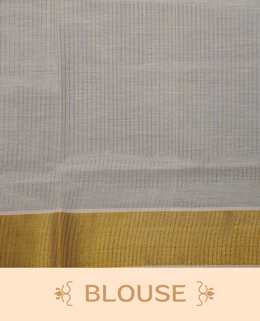 Off-white colour cotton Kerala saree with a subtle self-woven texture, finished with a traditional gold kasavu border across the body and pallu, paired with a matching blouse.