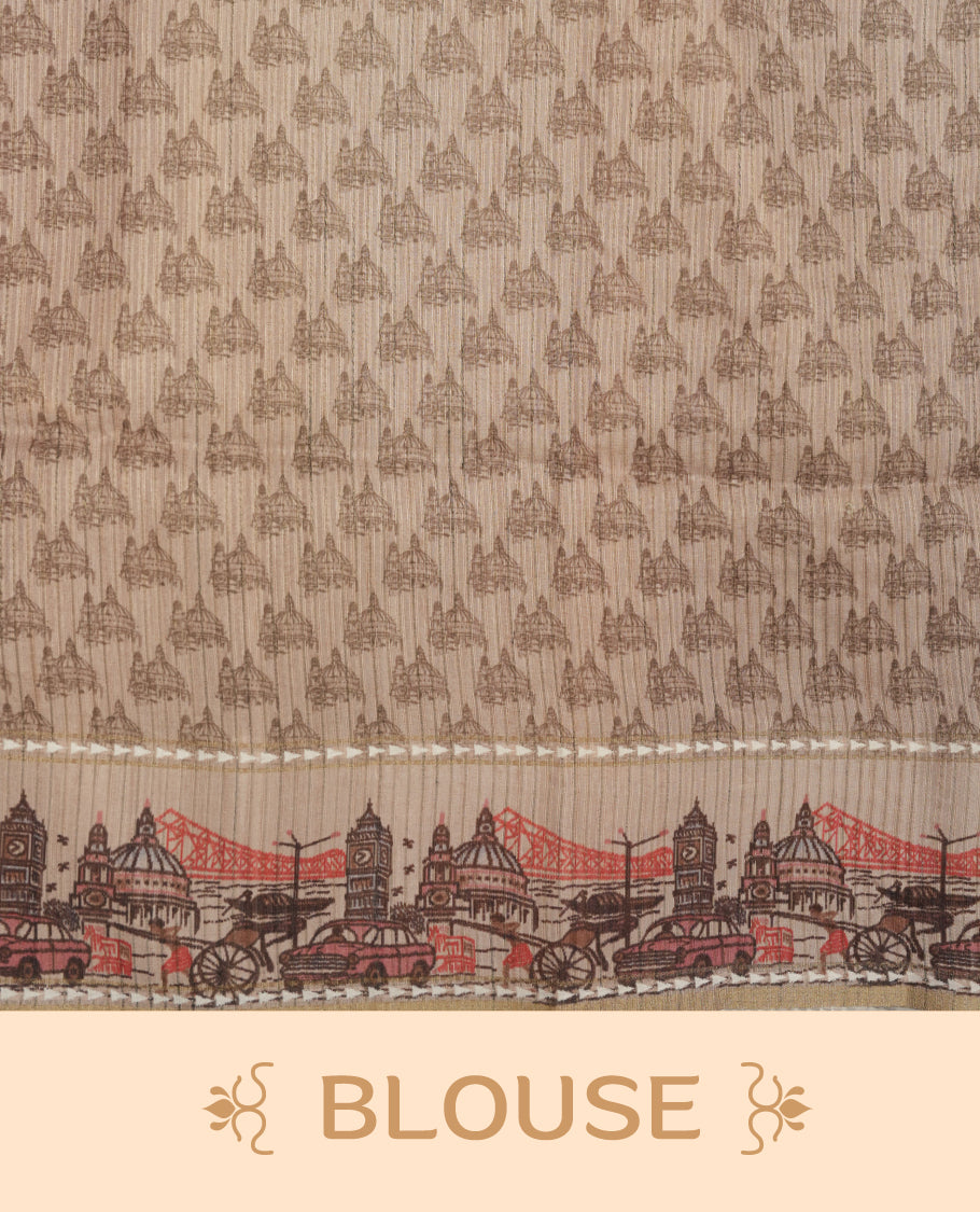 Brick red colour semi tusser silk saree featuring contrast cream colour London bridge printed pattern border and paired with matching blouse.