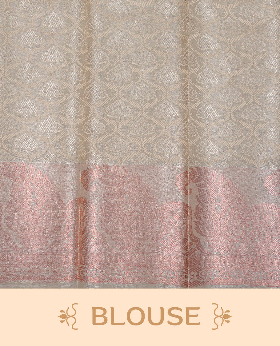 Cream colour Semi silk saree Featuring gold zari motifs on body, complemented by Self colour with Rose gold zari border, paired with matching blouse piece.