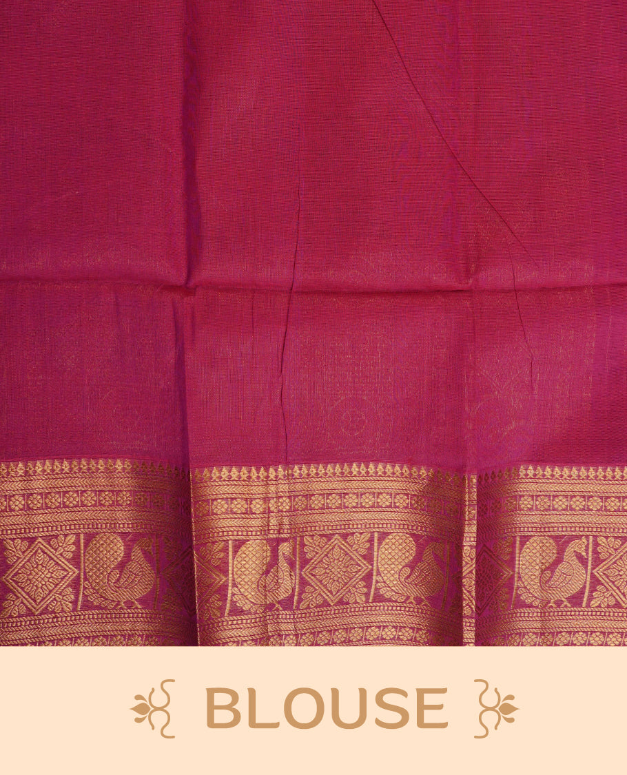 Magenta colour chettinad cotton saree featuring Gold Zari Stripes on body, complemented by Contrast Colour With Traditional  Gold Zari border, paired with matching blouse piece.