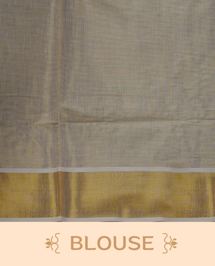 Off-white colour tissue Kerala saree with a classic gold kasavu border, highlighted by delicate orange floral embroidery across the body and pallu, and paired with a matching blouse.