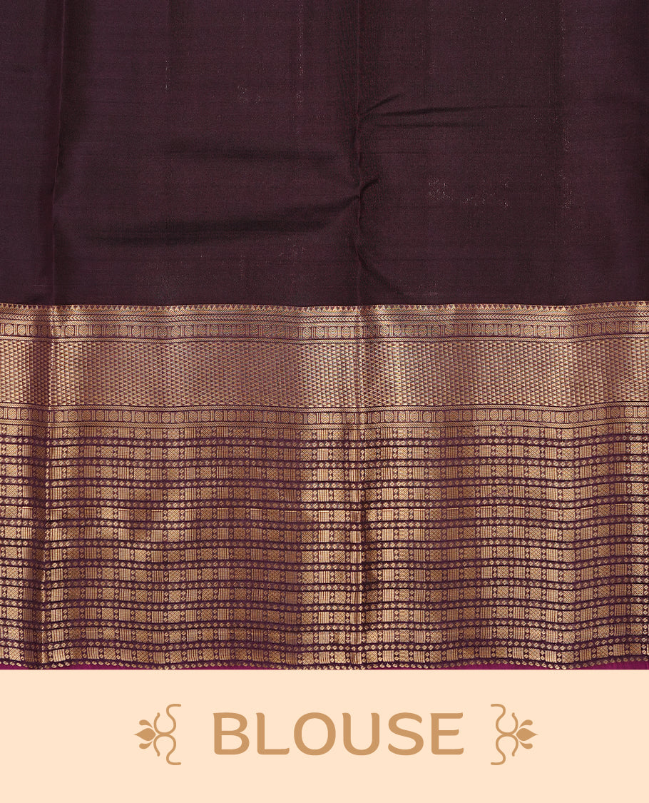 Grey colour Traditional Kancheepuram silk saree featuring gold zari motifs on body, enhanced with contrast Purple with traditional border, paired with matching blouse piece.