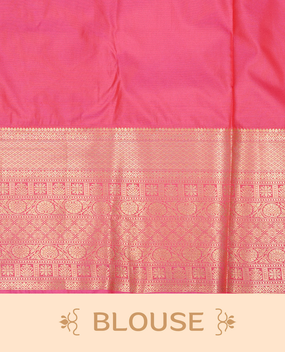 Magenta Semi Wedding Silk Saree featuring Gold Zari Check with Motifs On body, Complemented with traditional zari with Self colour border, paired with matching blouse piece.