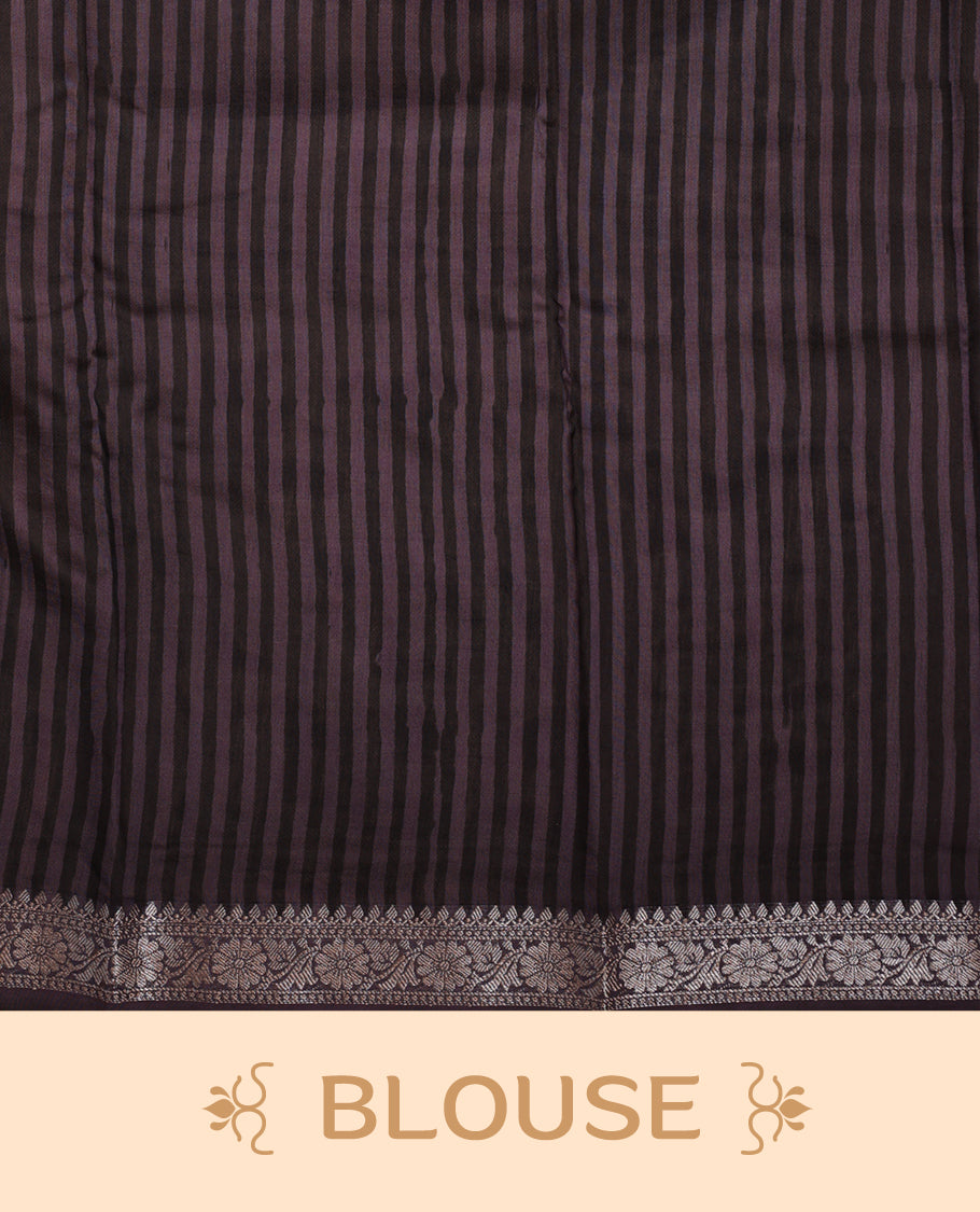 Cream colour chanderi silk saree with purple & yellow geometric stripped printed On body, compilmented by contrast Dark purple colour border with golden zari floral pattern and a matching blouse.