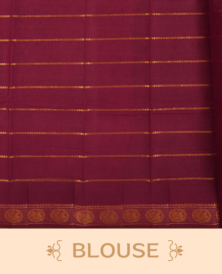 Black colour Chettinad cotton saree featuring golden horizontal stripes across the body, accentuated by a burgundy colour border with intricate golden motifs & Comes with a matching blouse piece.