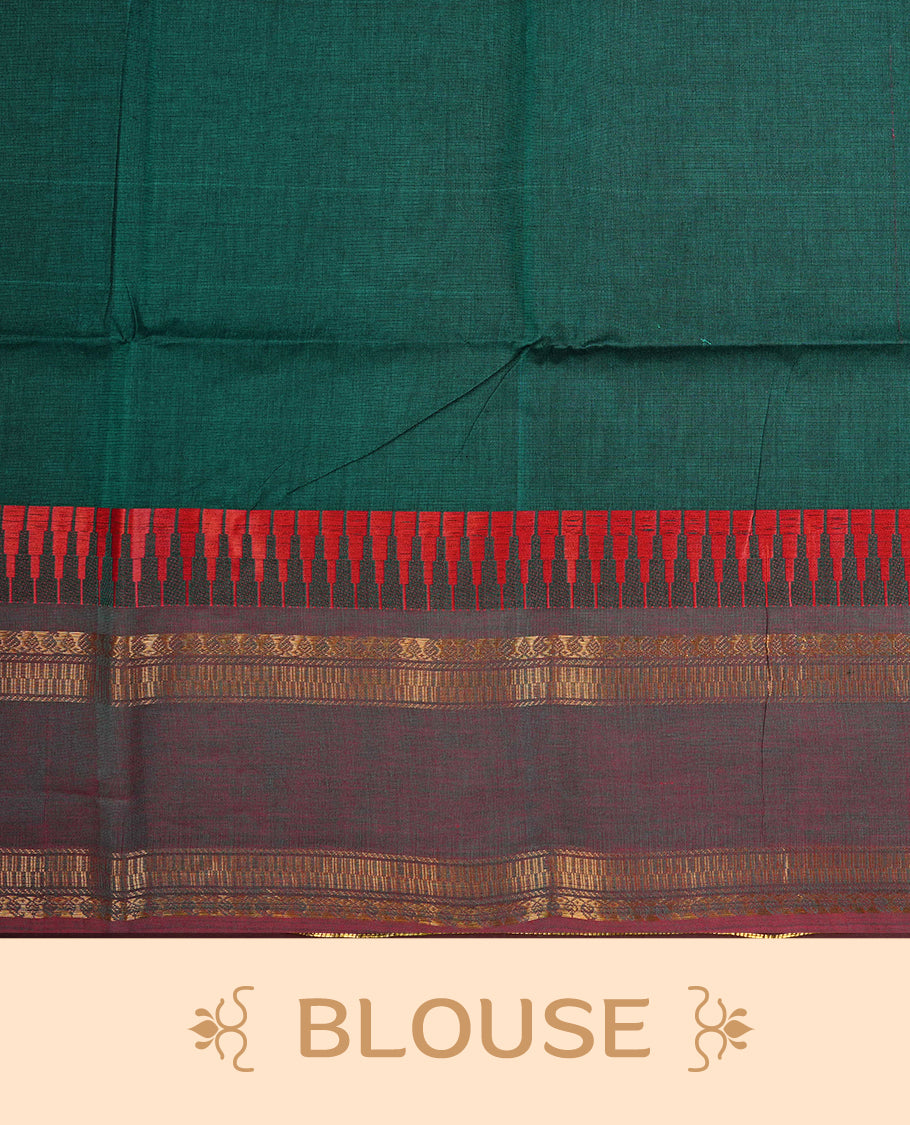 Teal green colour chettinad cotton saree featuring Elegant plain body, contrast Red Temple & Faded Red With Gold zari border, paired with matching blouse piece.