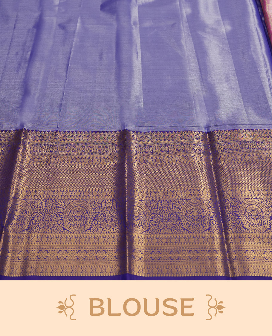 Hot pink colour and Antique gold Zari Tissue Brocade Saree features intricate check and bird Motifs on body and a trypan blue colour traditional border & pallu with floral patterns, paired with matching blouse