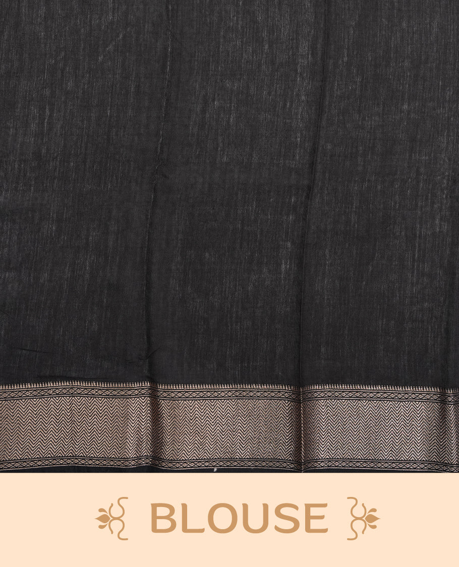 Black colour Viscos semi printed saree featuring a light golden zari border, abstract off white printed motifs on the body, and comes with a matching blouse