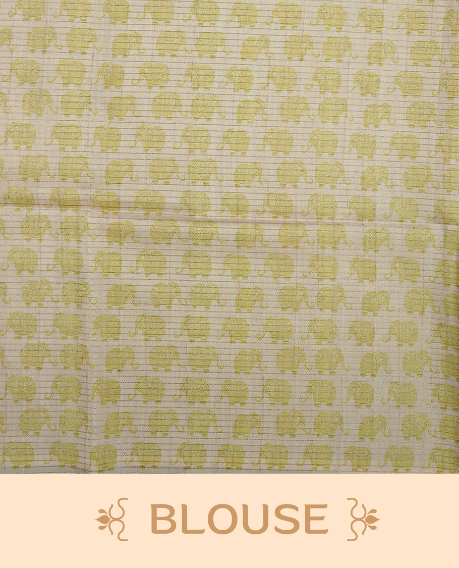 Green colour semi tussar silk saree featuring Antique zari check pattern across body, contrast Cream colour border with elephant print and pallu, paired with matching blouse piece.