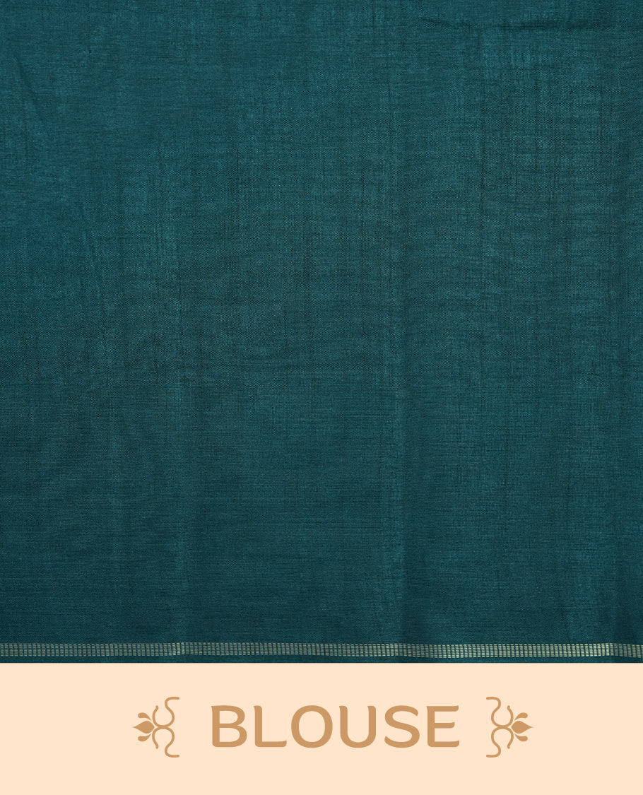 Teal colour semi Tussar saree highlights gold zari check pattern across body,  border, pallu and paired with matching blouse piece.