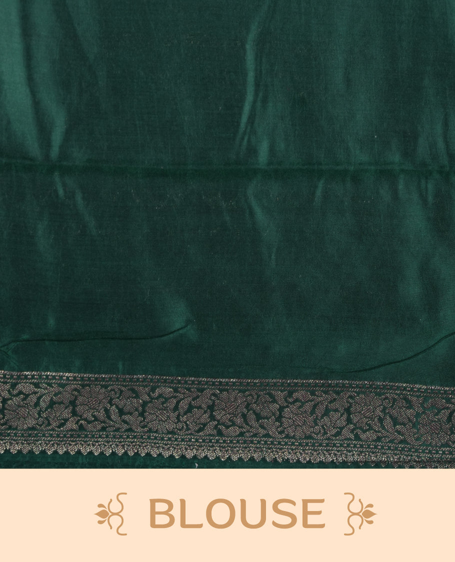 Purple colour pure tussar Banarasi saree featuring Gold zari motifs on body, contrast green colour border, and blouse piece.