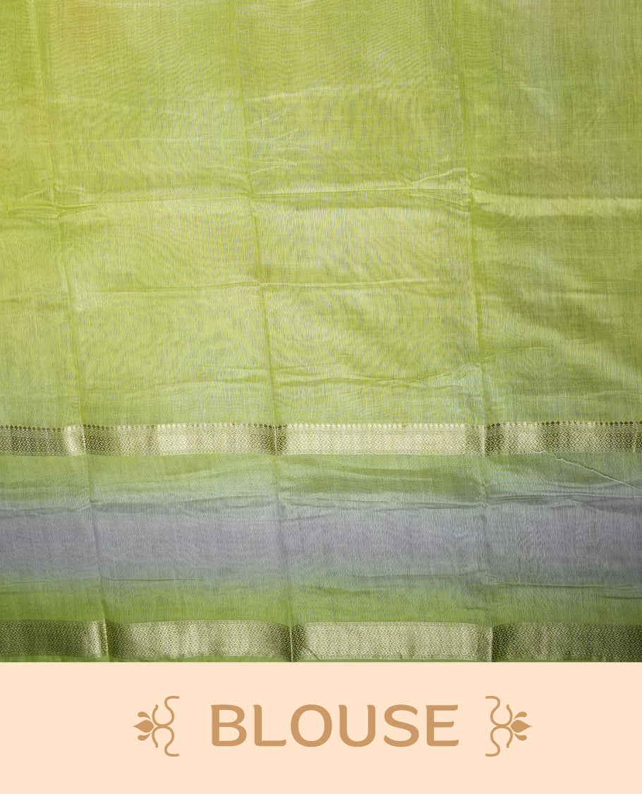 Pastel yellow green colour mixed chanderi cotton saree with wavy body, golden zari border, lavender-gray border accents, and matching blouse.