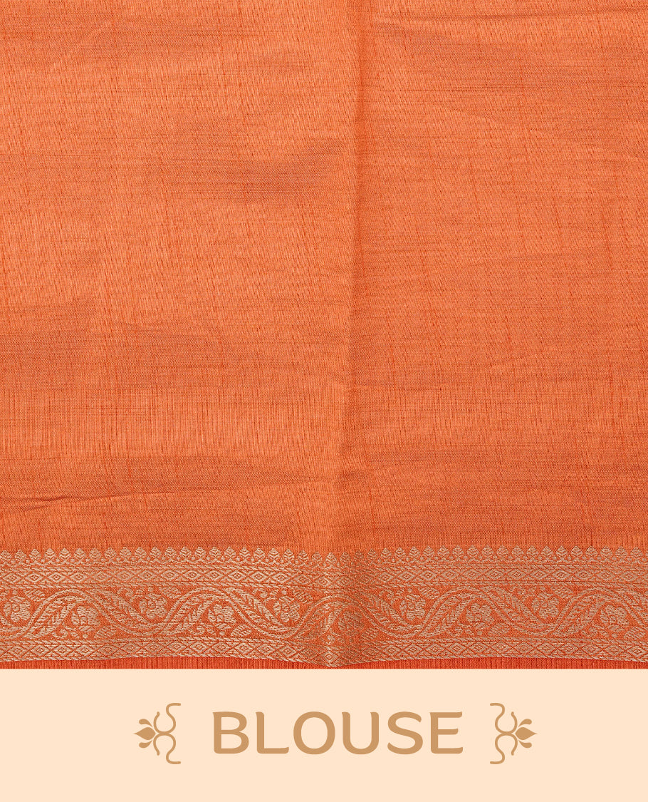 Cream colour Semi Tussar silk saree featuring an elegant plain body, accentuated by a contrast Orange border adorned with intricate gold Floral kodi zari work, paired with a matching blouse piece.