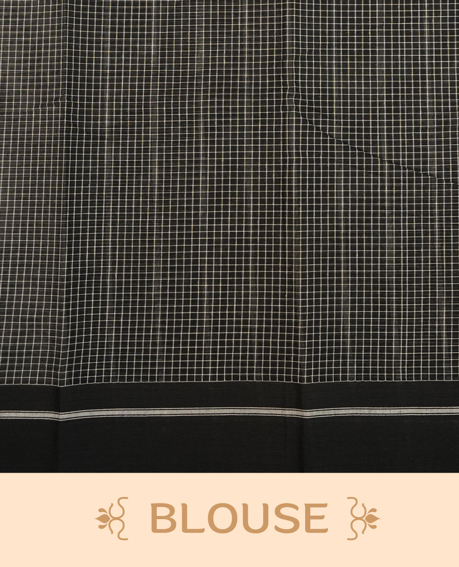 Black Colour  Mangalagiri cotton saree with White checks On body , complemented by Plain  Border  & Striped Pallu, Paired  with a matching blouse piece