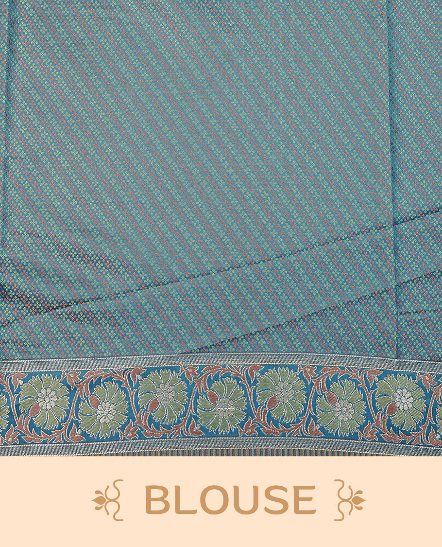 Teal colour Mulberry silk saree featuring gold zari elephant & floral kodi pattern across body, complemented by self colour border with gold zari work, comes with matching blouse piece.