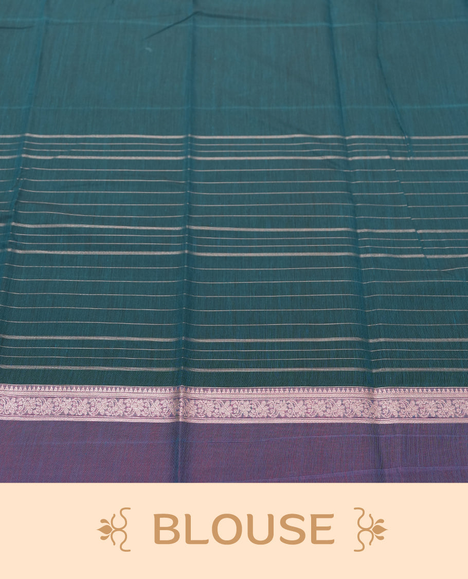 Teal Green colour Silk Cotton Saree with Silver Warli Motifs and Fine Stripes on the Body, Contrasting Silver Zari Pallu Featuring Allover Geometric Pattern and Warli Procession Border, Finished with a Purple Selvedge and Coordinated Blouse Piece