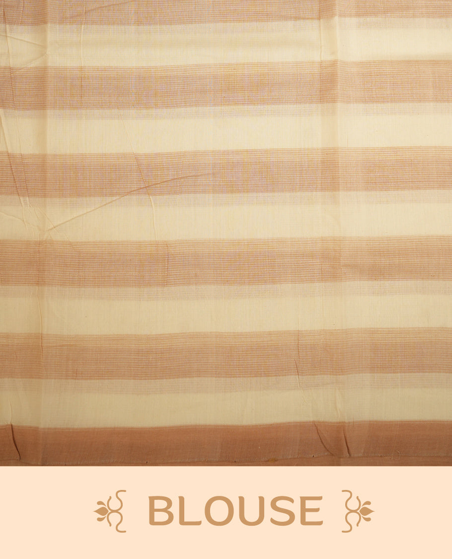 Cream  & Light Brown  Colour Mangalagiri cotton saree  Featuring Check Pattern On Body , WithOut border & Contrast Striped Pallu. Paired with a matching blouse piece