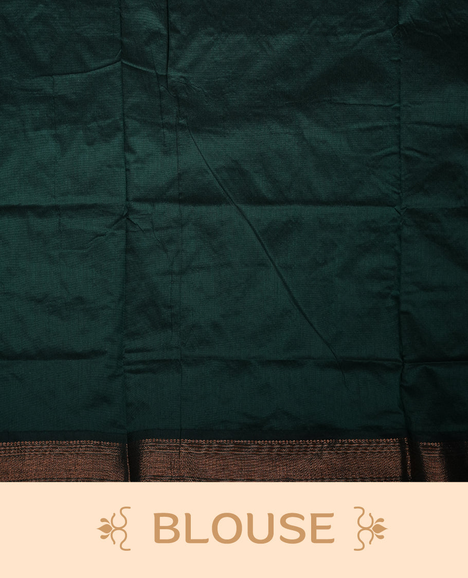 Dark maroon colour Kalyani cotton saree featuring delicate zari buttas on the body, complemented by a dark green zari border and woven pallu, paired with a matching blouse.