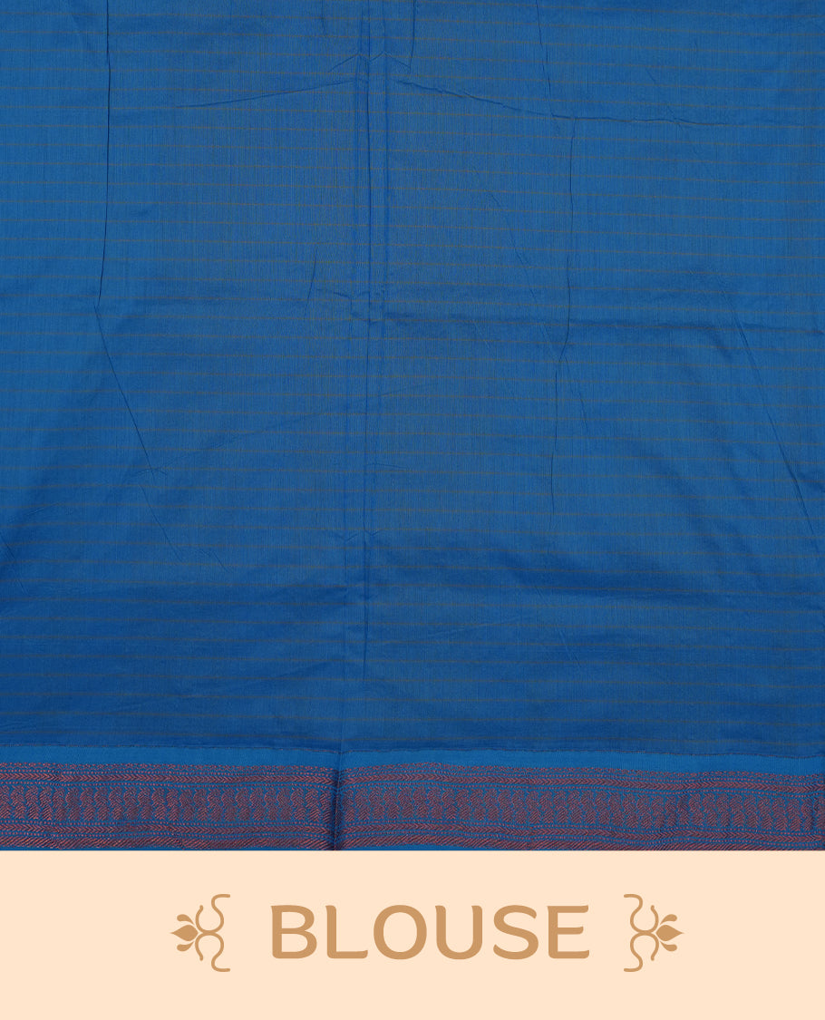Sky blue coloured mixed Kalyani cotton saree featuring copper zari checks on the body, complemented by a bright blue coloured border and pallu adorned with copper zari patterns, Paired with a matching blouse.