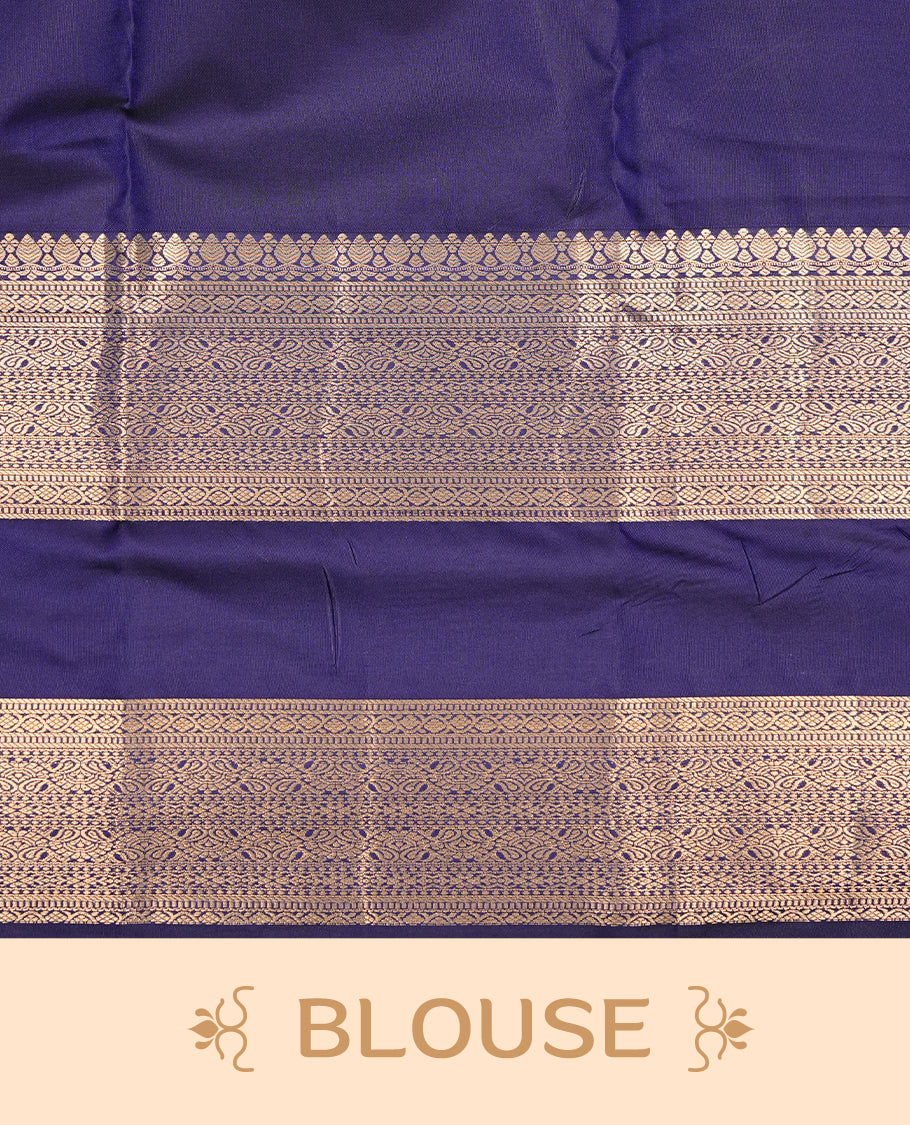 Navy Blue Colour Wedding Silk Saree Featuring Gold zari check pattern on body, complemented by traditional Zari pattern on self colour border, paired with matching blouse piece.