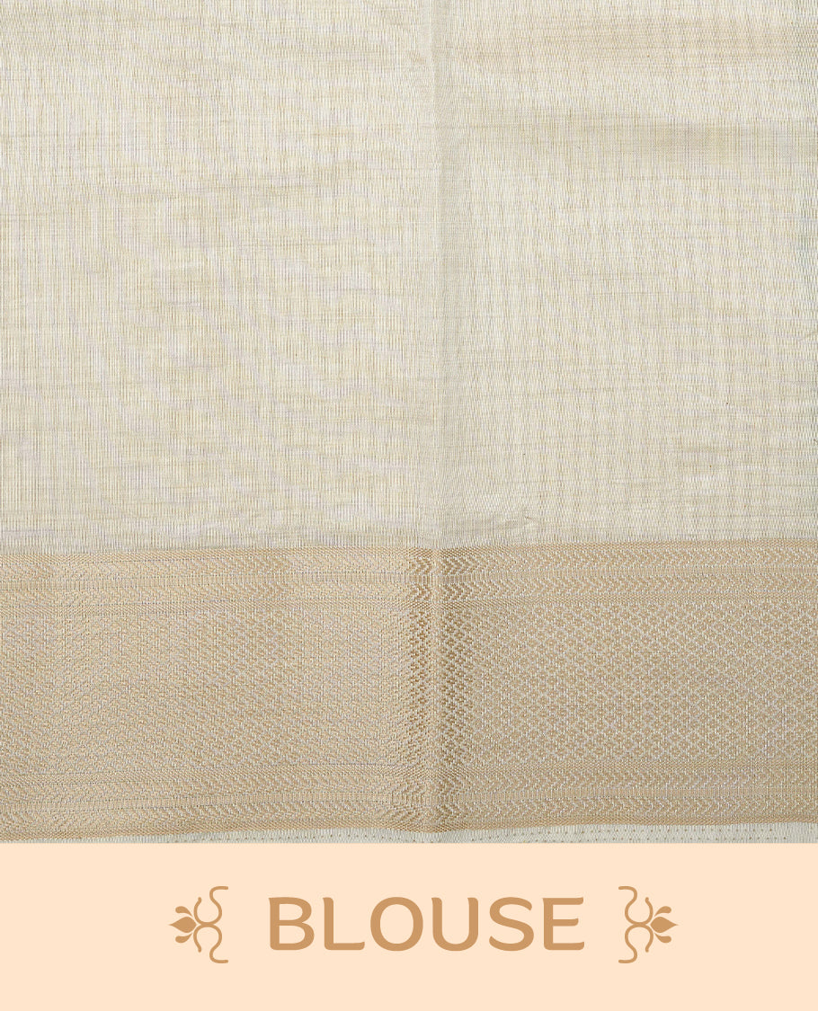 Green colour Semi Tussar silk saree featuring an elegant plain body, accentuated by a contrast cream border adorned with intricate gold zari work, paired with a matching blouse piece.