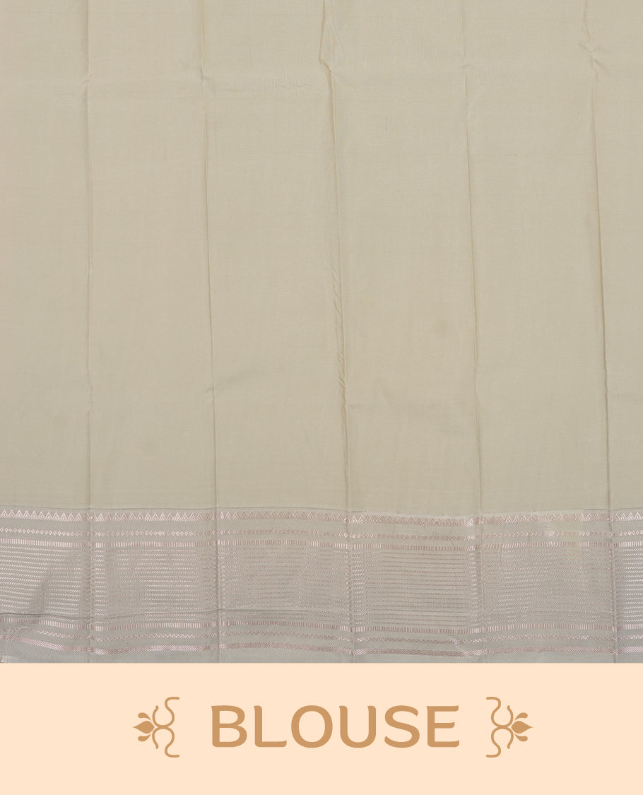 Pastel pink colour Semi Silk Saree with gold zari striped patterns on the body, paired with a contrasting Gray colour traditional pallu and border, and a matching blouse piece.