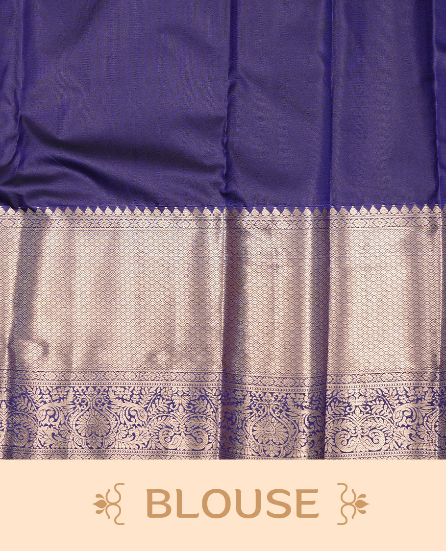 Navy Blue Semi Wedding Silk Saree featuring Gold Zari Check with Motifs On body, Complemented with traditional zari with Self colour border, paired with matching blouse piece.