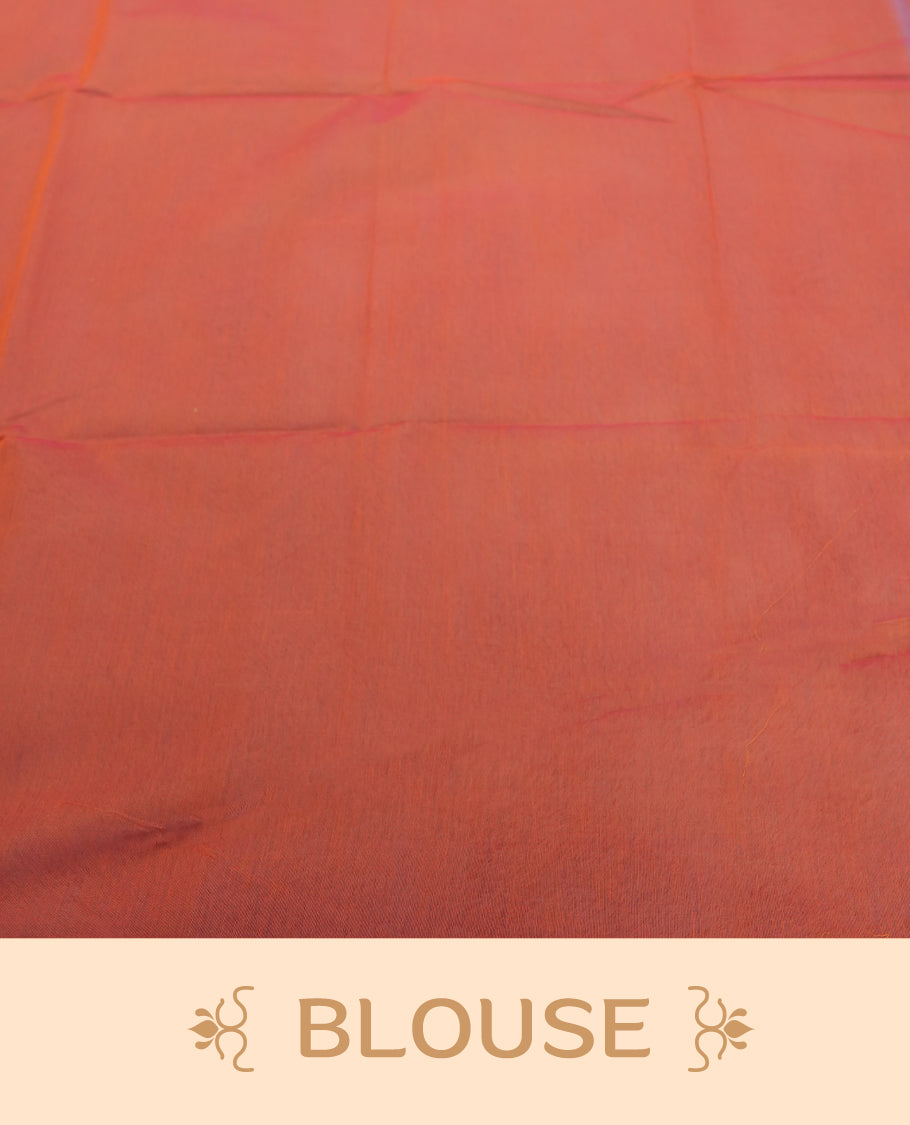 Deep Maroon Cotton Saree with Silver Zari Diamond Butta Body, Featuring Multi-Striped Zari Border Pallu in Maroon and Coral/Orange Tones with Silver Accent Stripes, Paired with Matching Coral/Orange Plain Blouse Piece