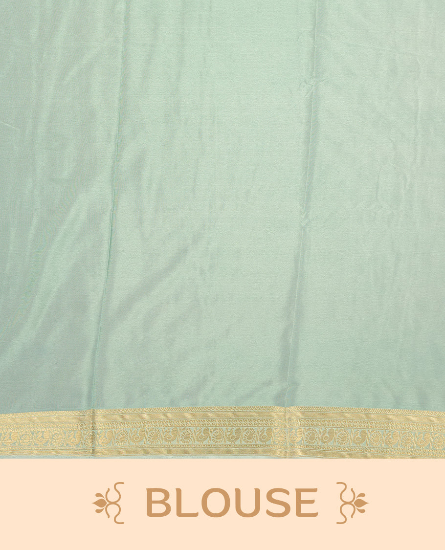 Blue colour mysore crepe saree with gold zari check pattern on body, complemented by contrast sky blue colour border featuring peacock and chakkram motifs, paired with matching blouse.