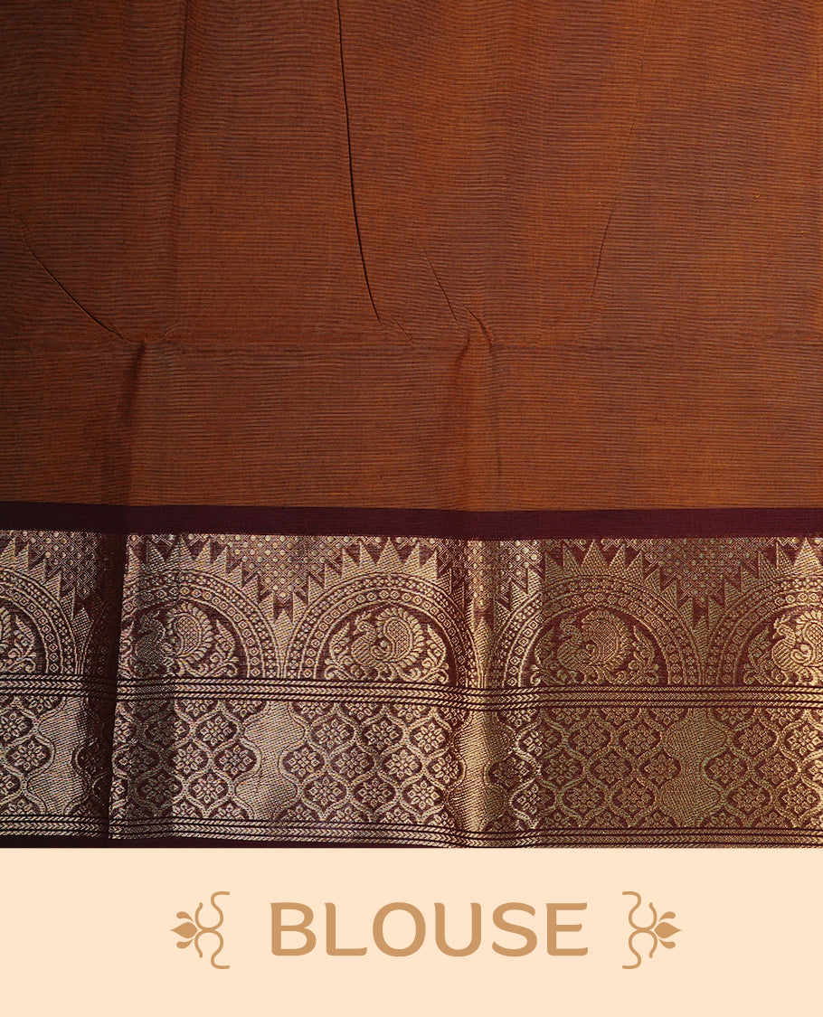 Rust Brwon colour chettinad cotton saree featuring Plain body, complemented by Contrast Maroon Colour With Gold Zari border, paired with matching blouse piece.