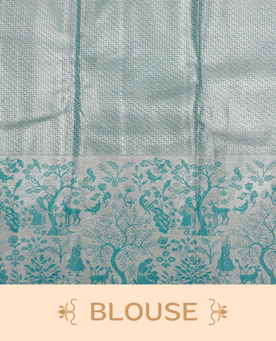 Golden colour Tissue Silk Saree features intricate tree Motifs on body and fancy border & pallu with floral patterns, paired with matching blouse