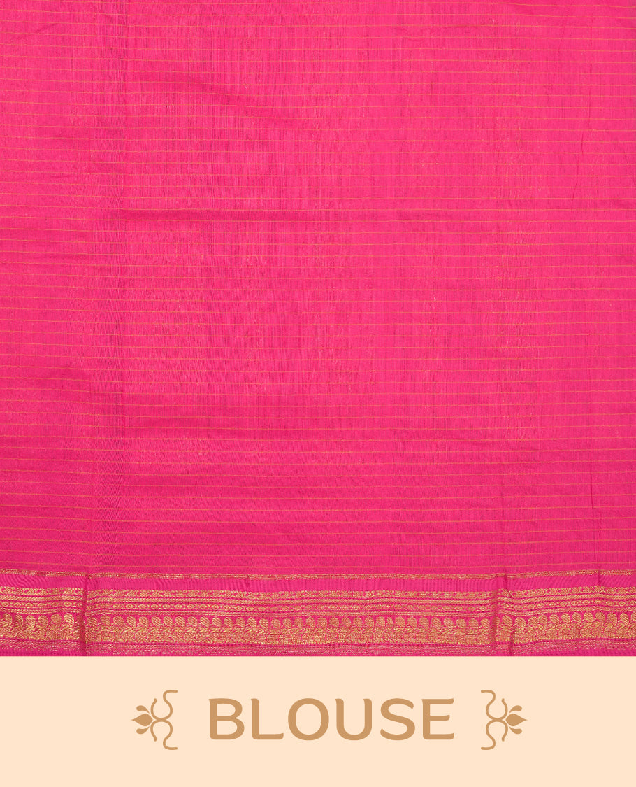 Pistachio coloured mixed Kalyani cotton saree featuring golden zari checks on the body, complemented by a pink coloured border and pallu adorned with golden zari patterns, Paired with a matching blouse.