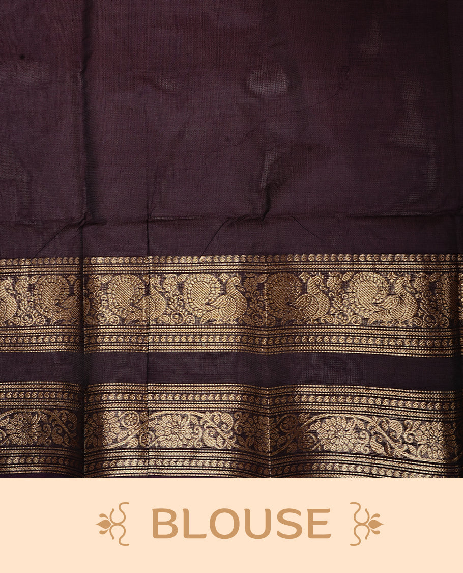 Chocolate brown colour Chettinad cotton saree featuring Elegant plain body, complemented by self colour with Gold zari border, paired with matching blouse piece.